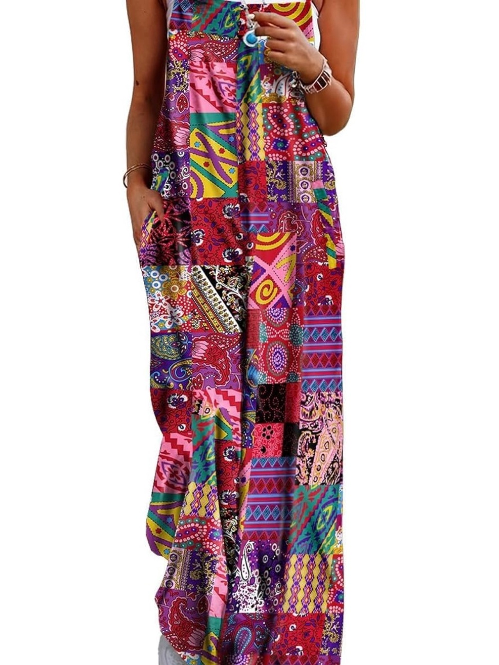 Boho Patchwork Maxi Jumpsuit - Multicolor